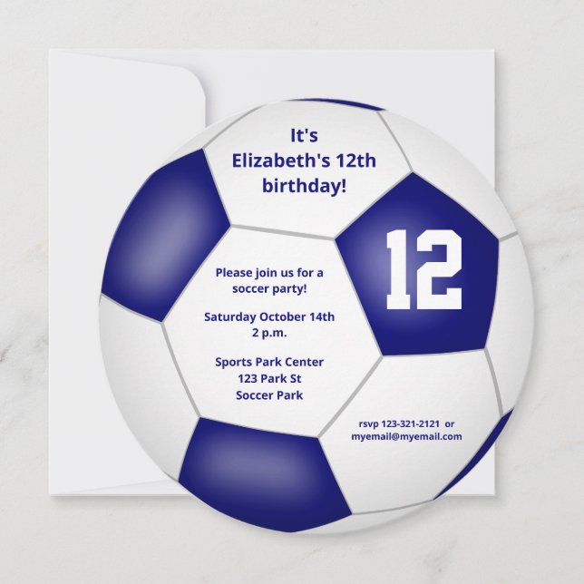blue white kids soccer themed birthday party announcement (Front)
