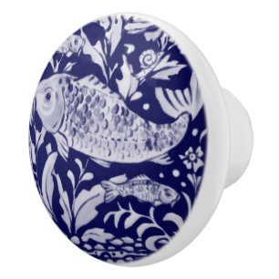  Blue & White Koi Fish Stylised Pond Plant   Ceramic Knob