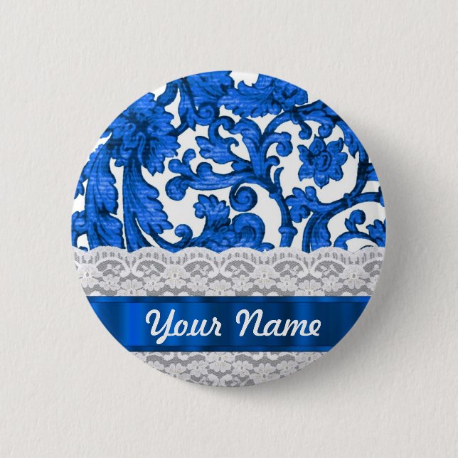 Blue & white lace 6 cm round badge (Front)