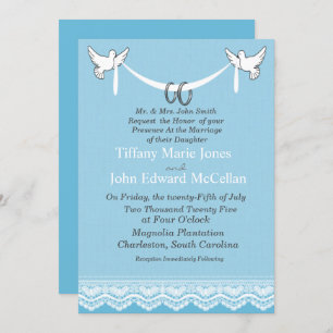 Blue White Lace Doves with Rings Wedding Invitation