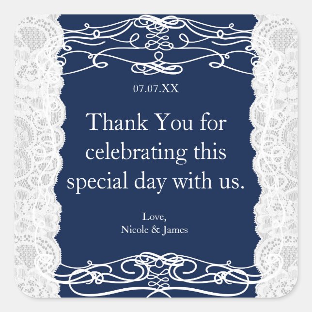 Blue & White Lace Elegant Wedding Favour Stickers (Front)