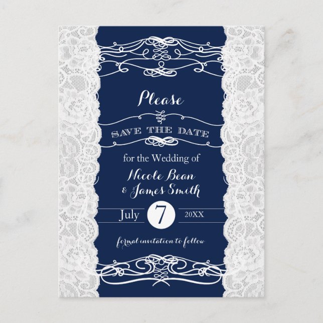 Blue & White Lace Elegant Wedding Save the Date Announcement Postcard (Front)