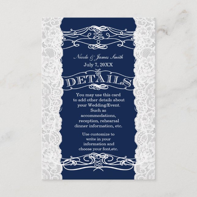 Blue & White Lace Wedding DETAILS information Card (Front)