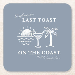 Blue & White Last Toast on the Coast Bachelorette Square Paper Coaster