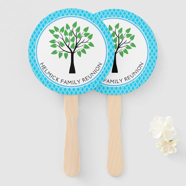 Blue & White Lattice Family Reunion Hand Fan (Front and Back)