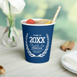 Blue White Laurel Wreath Graduation Class Year Paper Cups