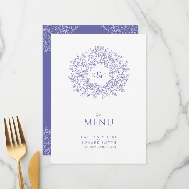 blue white leaf drawing monogram wedding menu (Front/Back In Situ)