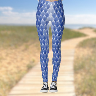 Blue White Leaf Modern Geometric Monogram Leggings