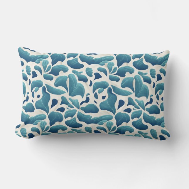 Blue & White Leaf Pattern Elegance Lumbar Cushion (Front)