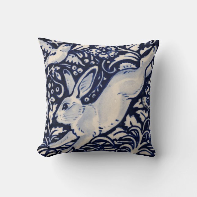 Blue White Leaping Rabbit Hare Bunny Chinoiserie Cushion (Front)
