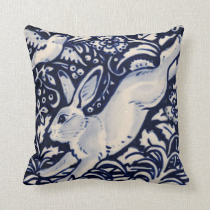 Blue White Leaping Rabbit Hare Bunny Chinoiserie Cushion