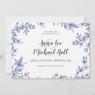 Blue & White Leaves Custom Wedding Save the Date