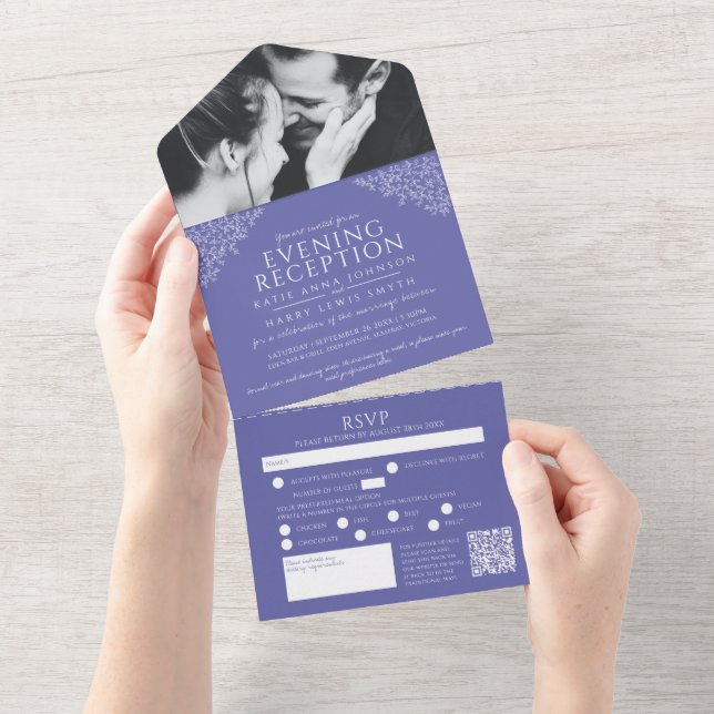 Blue white leaves photo evening reception RSVP QR All In One Invitation (Tearaway)