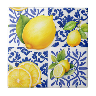 Blue White Lemon Pattern Mediterranean Citrus Ceramic Tile