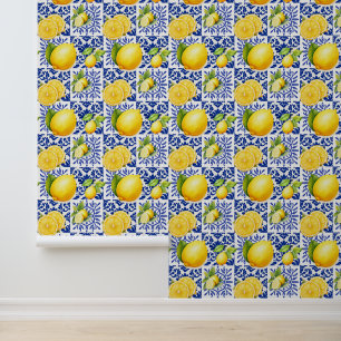 Blue White Lemon Pattern Mediterranean Citrus Wallpaper