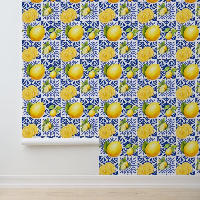 Blue White Lemon Pattern Mediterranean Citrus Wallpaper (Application)