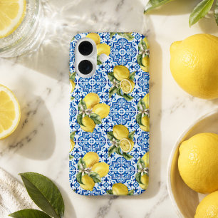 Blue White Lemon Tile Mediterranean Pattern iPhone 16 Case