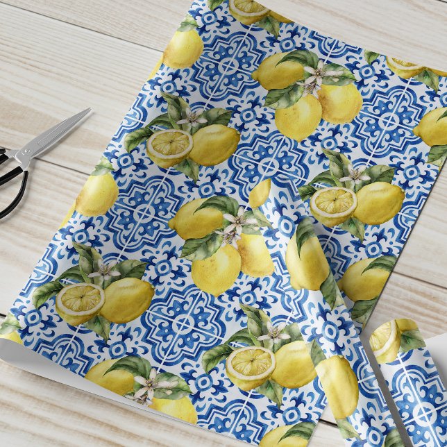 Blue White Lemon Tile Mediterranean Pattern Wrapping Paper (Creator Uploaded)