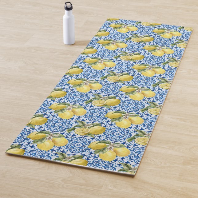 Blue White Lemon Tile Mediterranean Pattern Yoga Mat (In Situ)