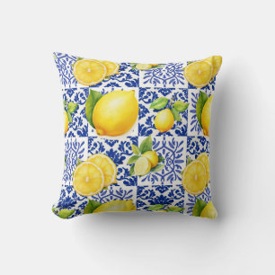 Blue White Lemon Tile Pattern Mediterranean Citrus Cushion