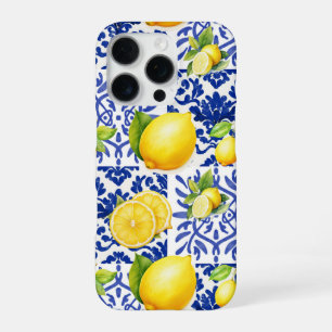 Blue White Lemon Tile Pattern Mediterranean Citrus iPhone 16 Pro Case