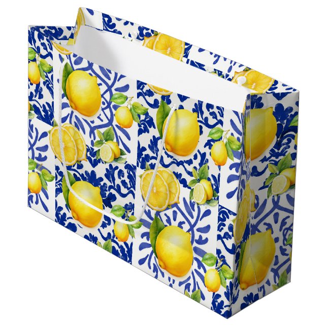 Blue White Lemon Tile Pattern Mediterranean Citrus Large Gift Bag (Front Angled)