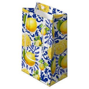 Blue White Lemon Tile Pattern Mediterranean Citrus Small Gift Bag