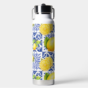Blue White Lemon Tile Pattern Mediterranean Citrus Water Bottle