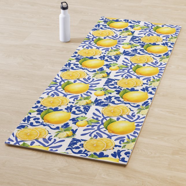 Blue White Lemon Tile Pattern Mediterranean Citrus Yoga Mat (In Situ)