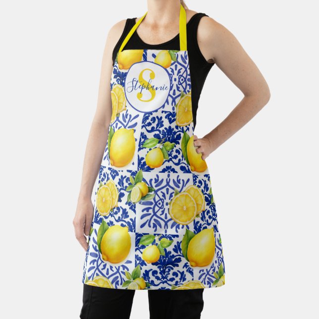 Blue White Lemon Tile Pattern Monogram Name Citrus Apron (Insitu)