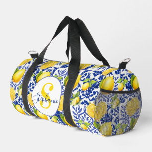 Blue White Lemon Tile Pattern Monogram Name Citrus Duffle Bag