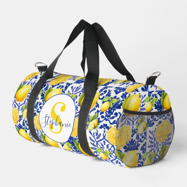 Blue White Lemon Tile Pattern Monogram Name Citrus Duffle Bag (Right Corner)