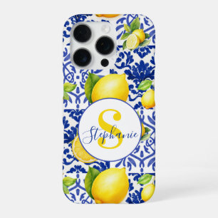 Blue White Lemon Tile Pattern Monogram Name Citrus iPhone 16 Pro Case