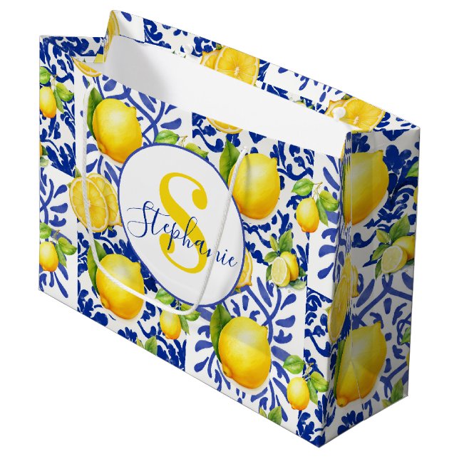 Blue White Lemon Tile Pattern Monogram Name Citrus Large Gift Bag (Front Angled)