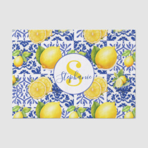 Blue White Lemon Tile Pattern Monogram Name Citrus Tissue Paper