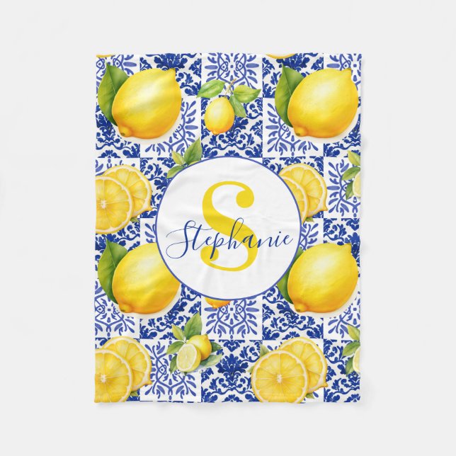 Blue White Lemon Tile Pattern Name Monogram Citrus Fleece Blanket (Front)
