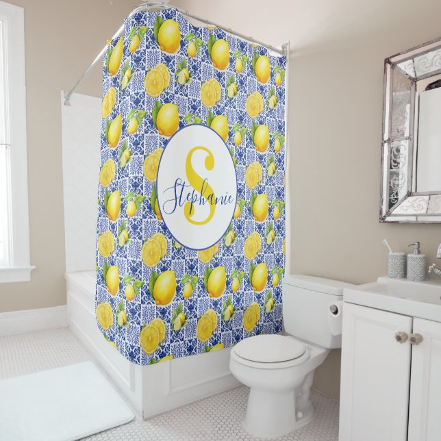 Blue White Lemon Tile Pattern Name Monogram Citrus Shower Curtain (In Situ)
