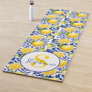 Blue White Lemon Tile Pattern Name Monogram Citrus Yoga Mat