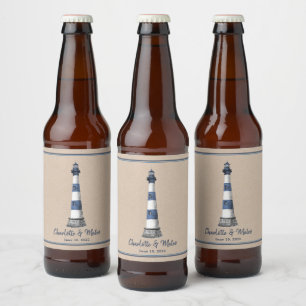Blue White Lighthouse Border Kraft Wedding Beer Bottle Label