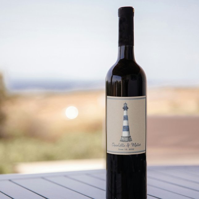 Blue White Lighthouse Border Kraft Wedding Wine Label (Creator Uploaded)