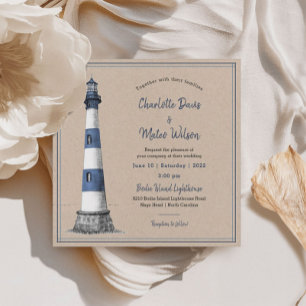 Blue White Lighthouse Kraft Wedding Invitation