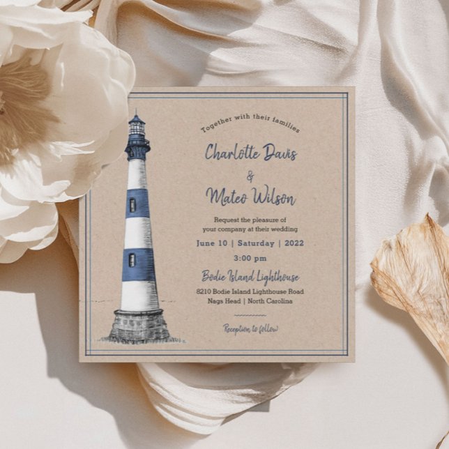 Blue White Lighthouse Kraft Wedding Invitation (Creator Uploaded)