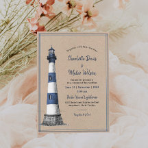 Blue White Lighthouse Kraft Wedding Invitation