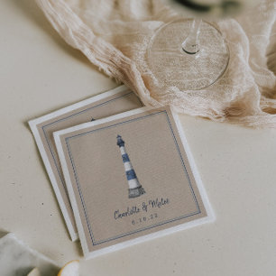 Blue White Lighthouse Kraft Wedding Paper Napkin
