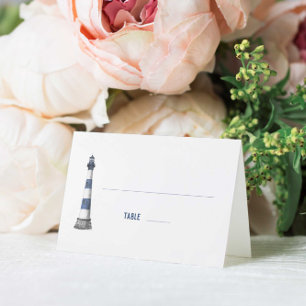 Blue White Lighthouse Wedding Folded Place Card
