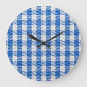 Blue-white lined dining clothes. large clock