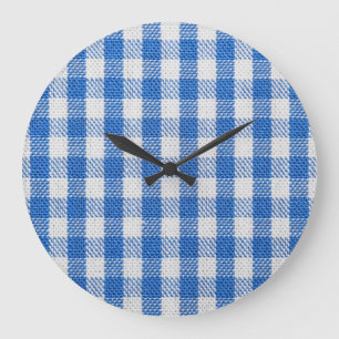 Blue-white lined dining clothes. large clock