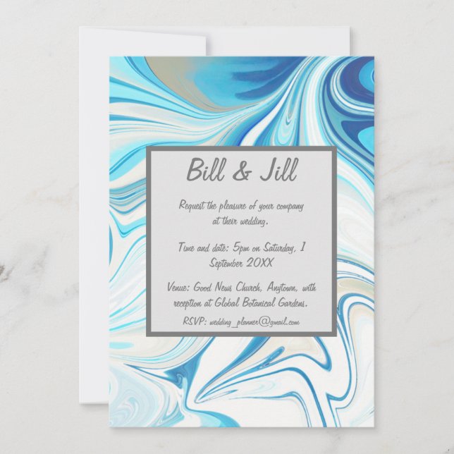 Blue White Liquid Marble Wedding Invitation (Front)