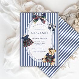 Blue & White Little Lady Teddy Bear Vintage Girl Invitation