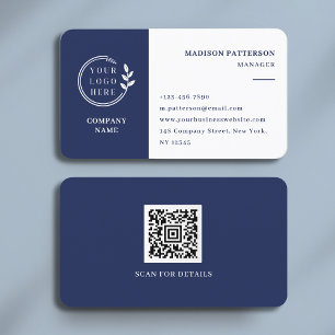 Blue White Logo QR Code Minimalist Modern Business Card